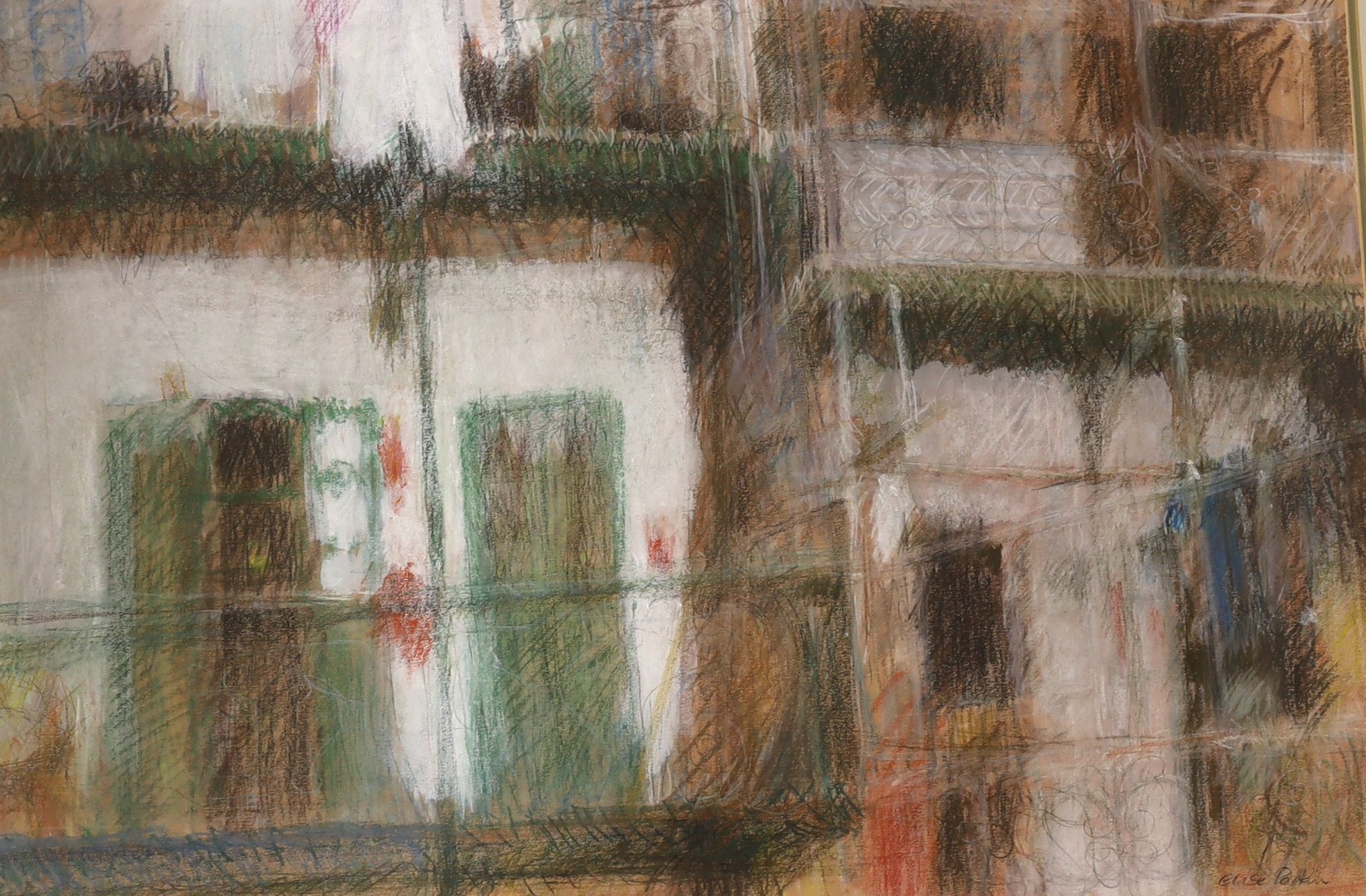 Elyse Parkin (20th C.), conté crayon, Street scene, signed, 54 x 79cm